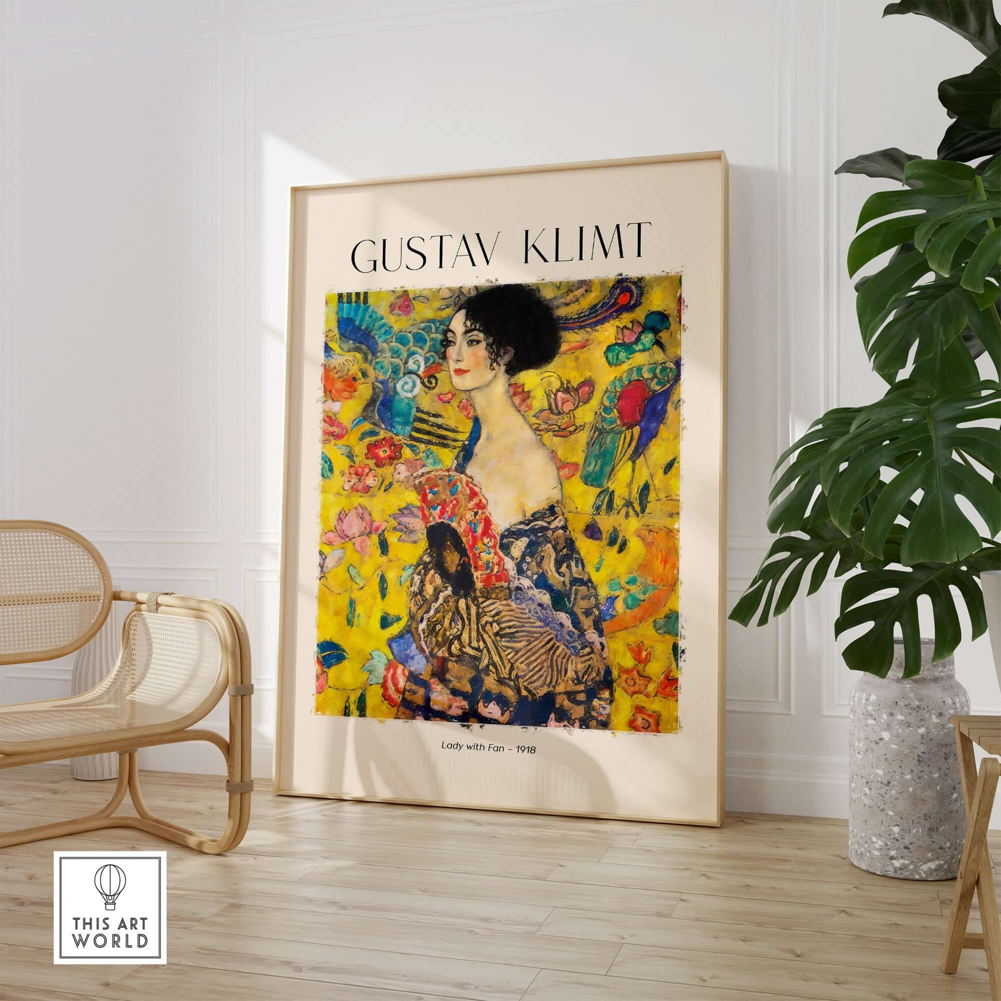 Gustav Klimt Lady with Fan Art Print 1918 - Art Nouveau Poster displayed in a stylish interior setting.