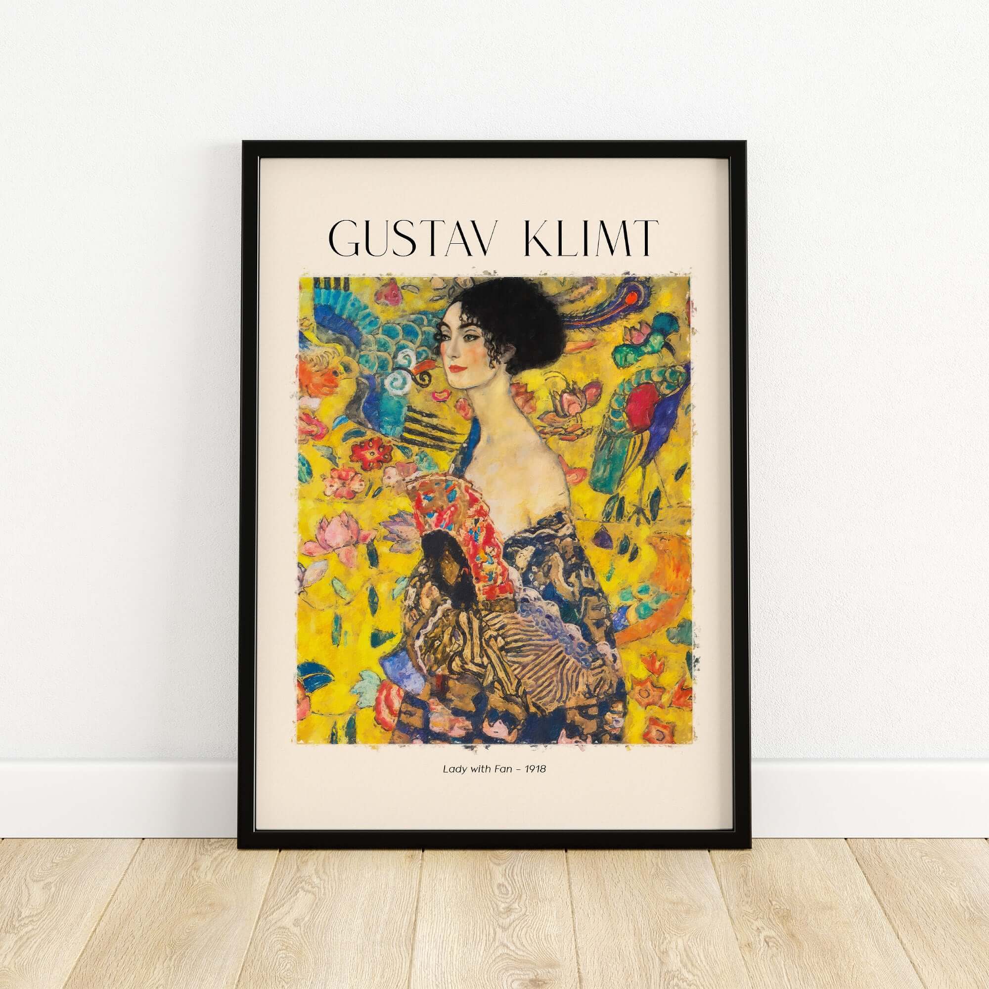 Gustav Klimt Lady with Fan Art Print 1918 - Art Nouveau Poster showcasing a woman with a fan and vibrant floral background.