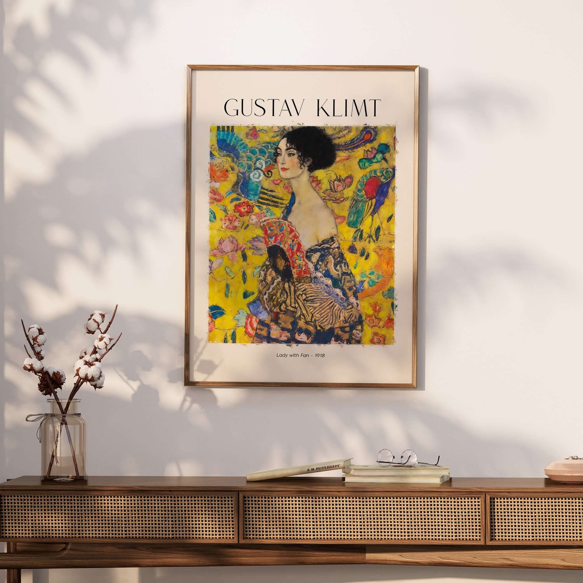 Gustav Klimt Lady with Fan Art Print 1918 - Art Nouveau Poster displayed in an elegant interior setting.