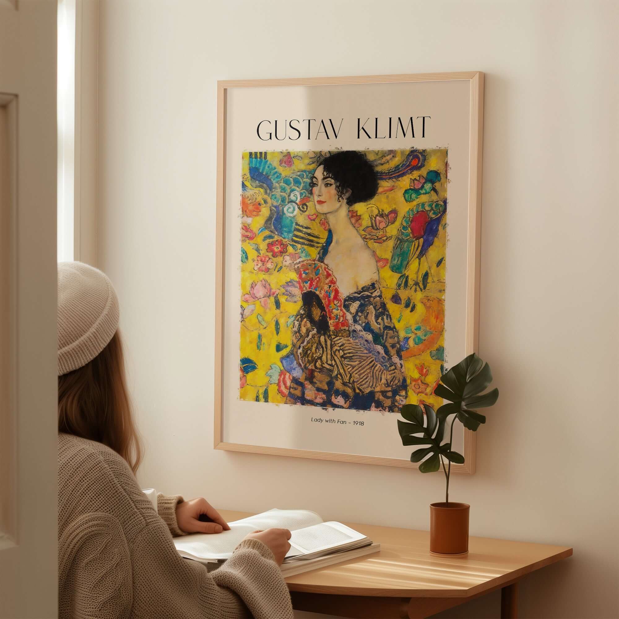 Gustav Klimt Lady with Fan Art Print 1918 - Art Nouveau Poster displayed in a cozy room, showcasing vibrant colors and details.