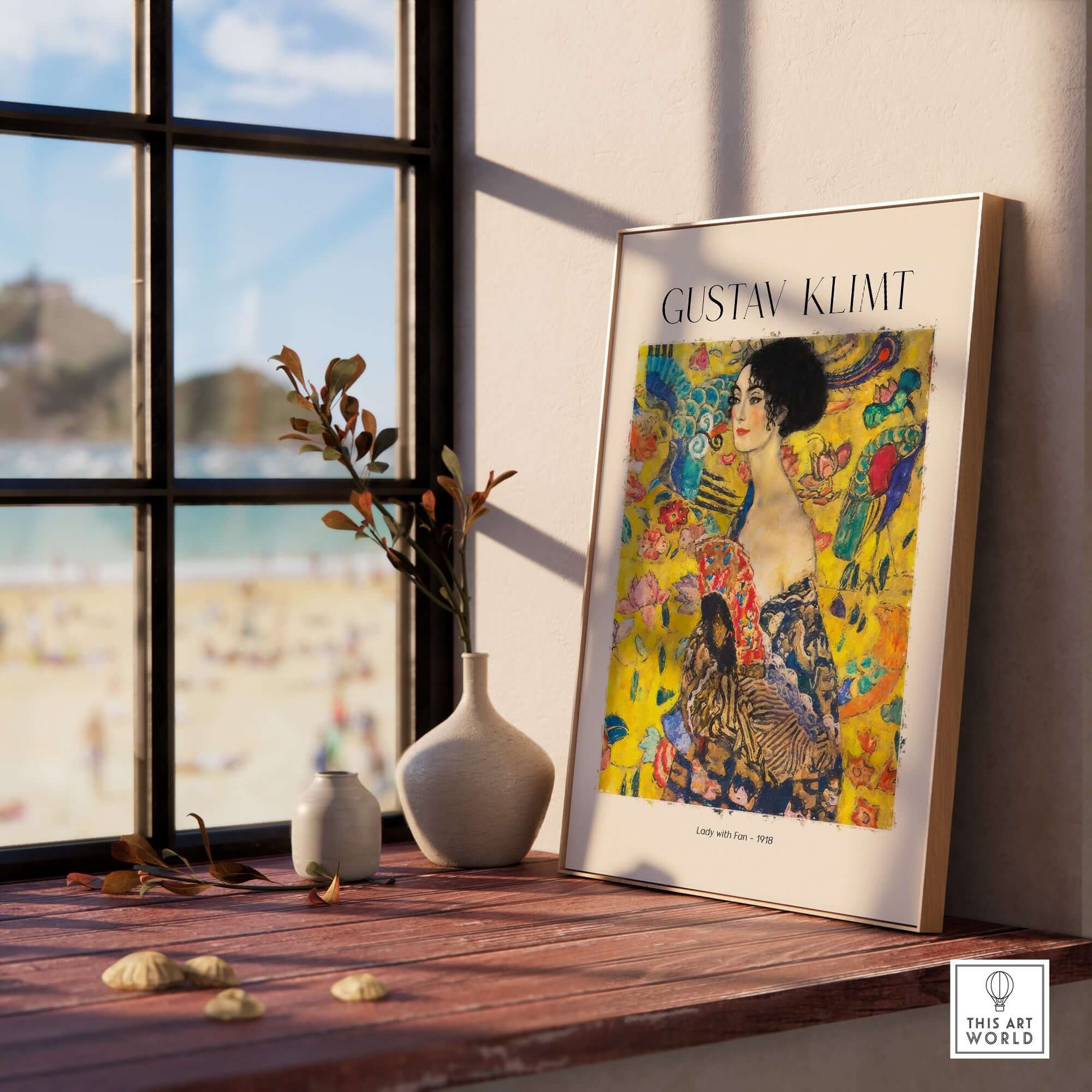 Gustav Klimt Lady with Fan Art Print 1918 - Art Nouveau Poster displayed in a bright room, showcasing vibrant colors.