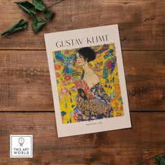 Gustav Klimt Lady with Fan Art Print 1918 - Art Nouveau Poster featuring a vibrant woman with a fan.