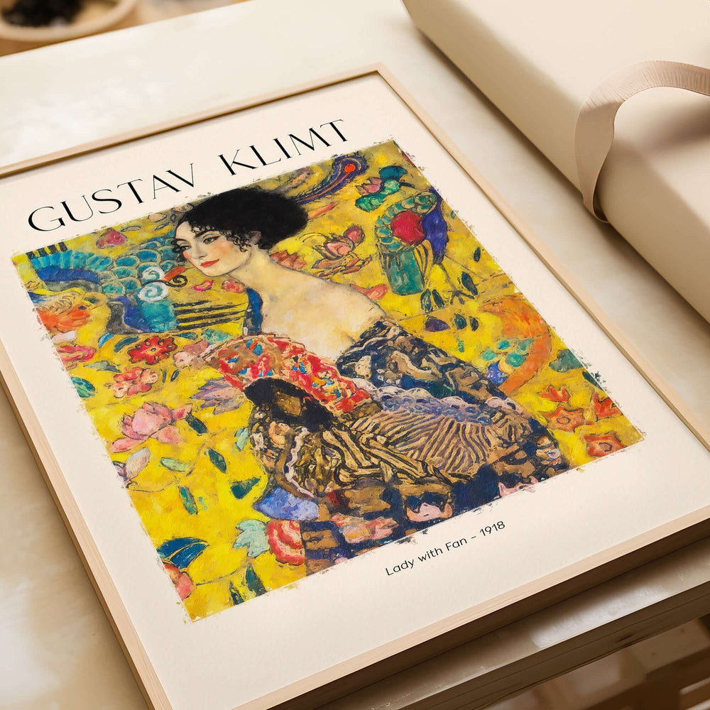 Gustav Klimt Lady with Fan Art Print 1918 - Art Nouveau Poster featuring colorful artwork and the name of the artist.