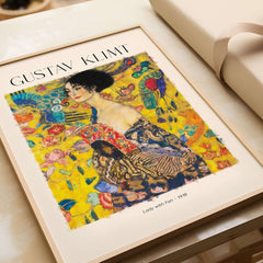 Gustav Klimt Lady with Fan Art Print 1918 - Art Nouveau Poster featuring colorful artwork and the name of the artist.