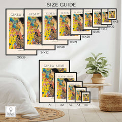 Size guide showing dimensions for Gustav Klimt Lady with Fan Art Print 1918 - Art Nouveau Poster options.