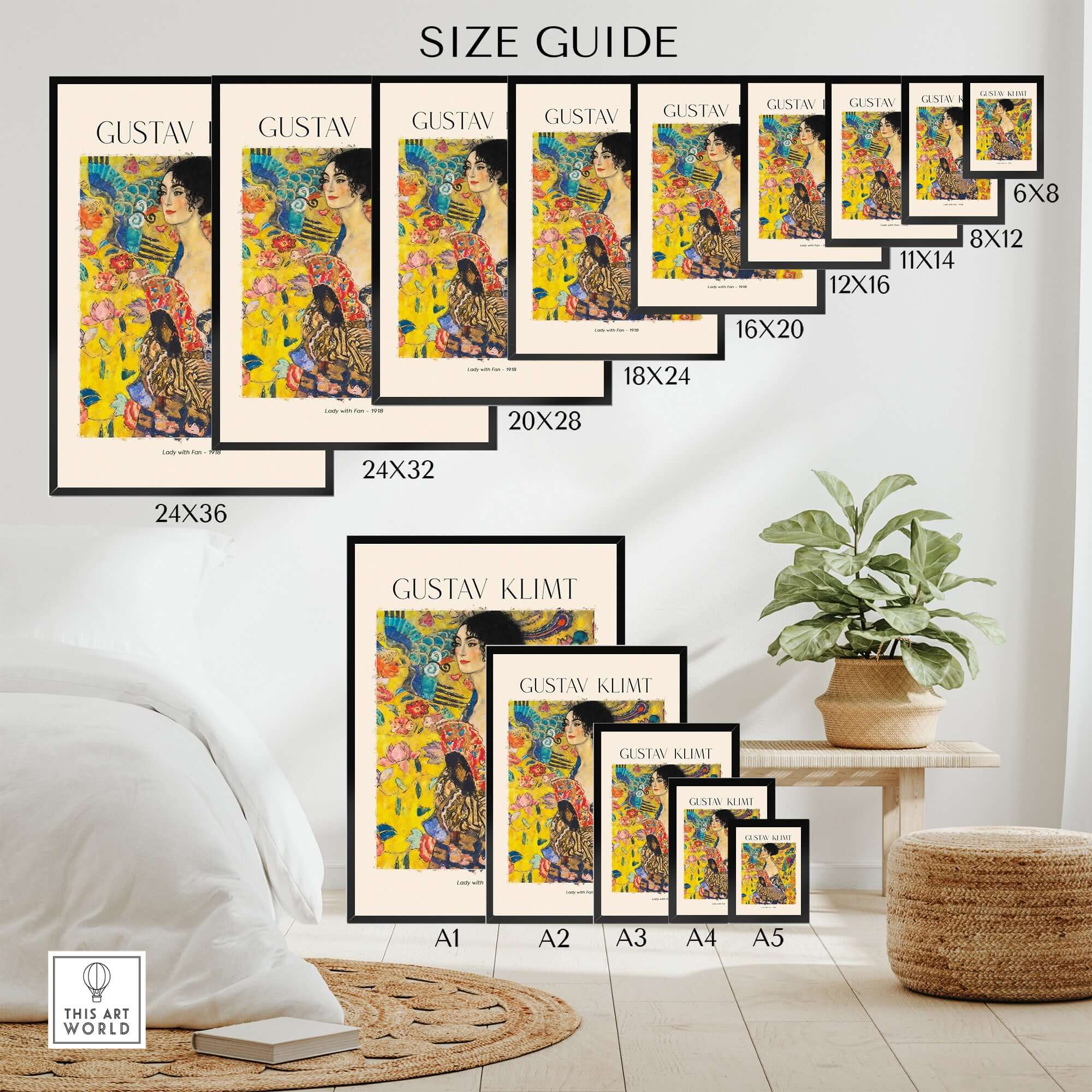 Size guide showing dimensions for Gustav Klimt Lady with Fan Art Print 1918 - Art Nouveau Poster options.
