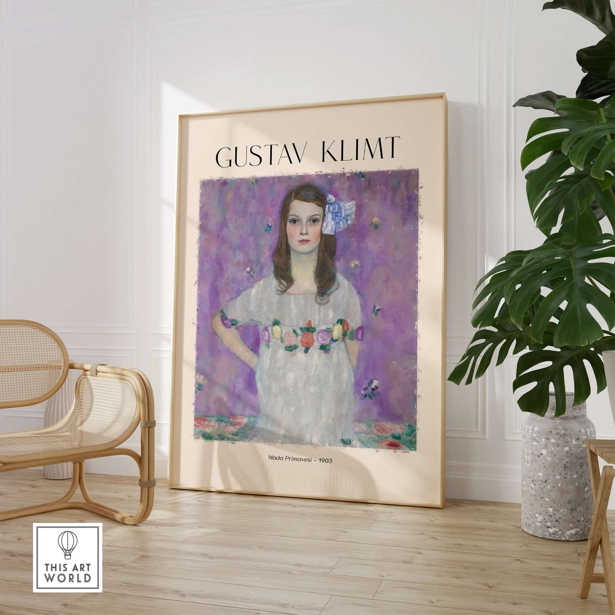 Gustav Klimt Mäda Primavesi Portrait Poster 1903 - Vienna Secession Art Print Wall Decor on display in a modern interior.