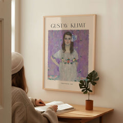 Gustav Klimt Mäda Primavesi Portrait Poster 1903 - Vienna Secession Art Print Wall Decor on wall next to person studying.