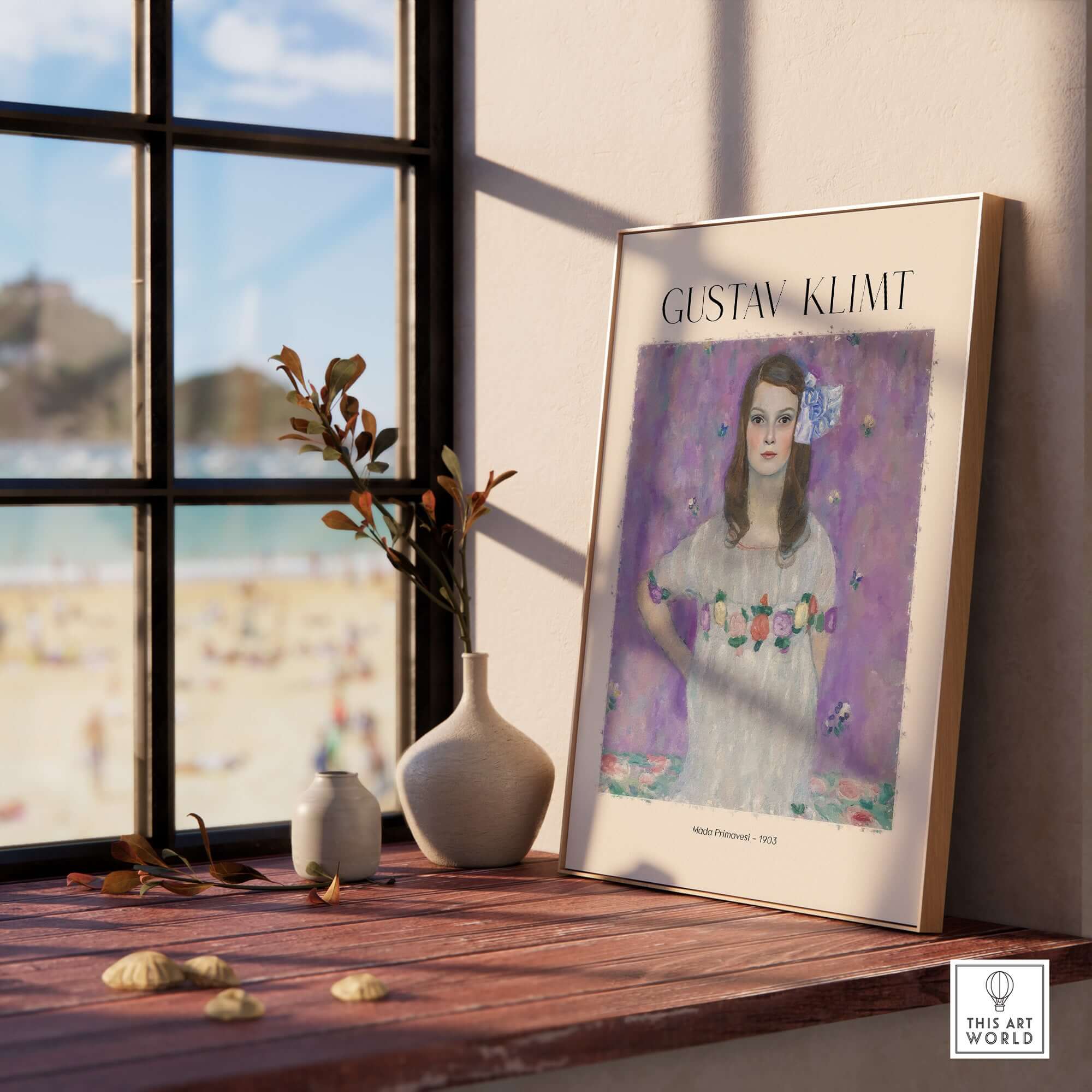 Gustav Klimt Mäda Primavesi Portrait Poster 1903 - Vienna Secession Art Print Wall Decor displayed in a sunlit room.