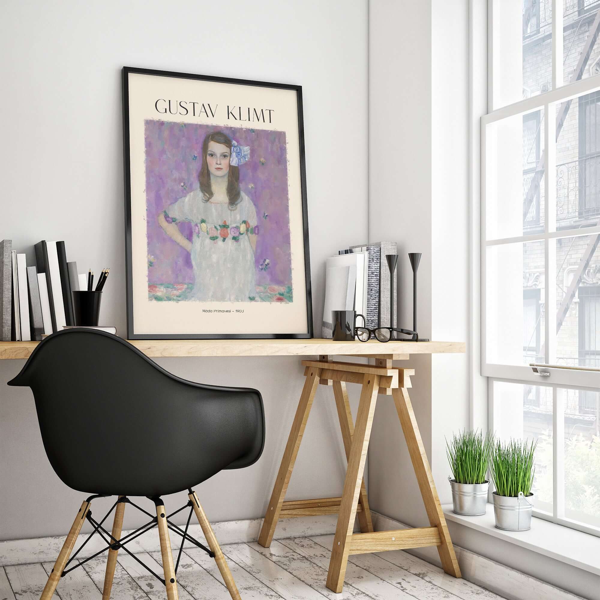 Gustav Klimt Mäda Primavesi Portrait Poster 1903 - Vienna Secession Art Print Wall Decor displayed in an elegant office setting.