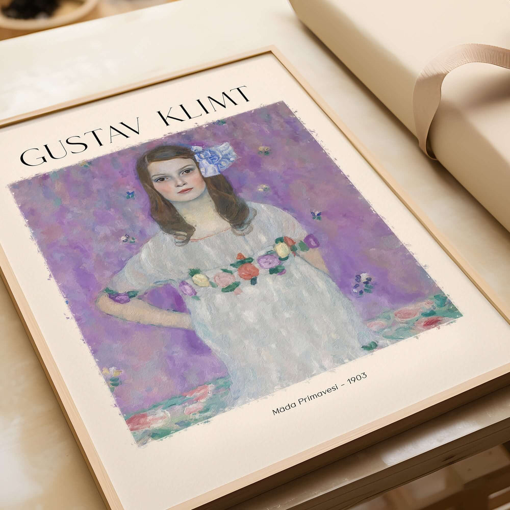 Gustav Klimt Mäda Primavesi Portrait Poster 1903 - Vienna Secession Art Print Wall Decor displayed on a table.