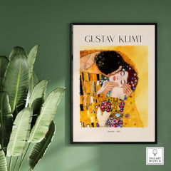 Gustav Klimt Art Print - The Kiss 1907 featuring embracing couple in gold leaf and vibrant patterns.