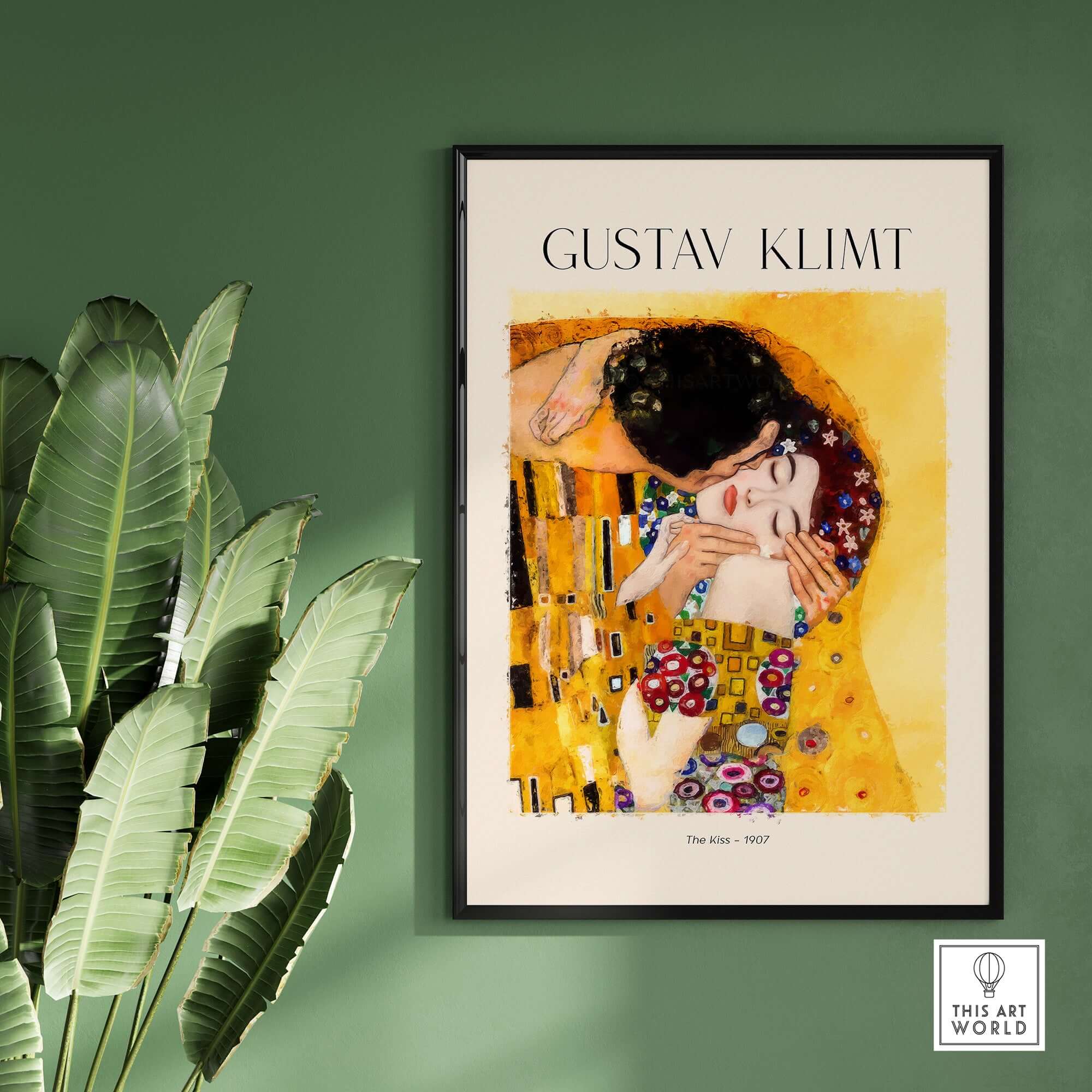 Gustav Klimt Art Print - The Kiss 1907 featuring embracing couple in gold leaf and vibrant patterns.