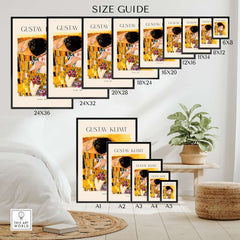 Size guide for Gustav Klimt Art Print - The Kiss 1907 showcasing various frame sizes and dimensions.