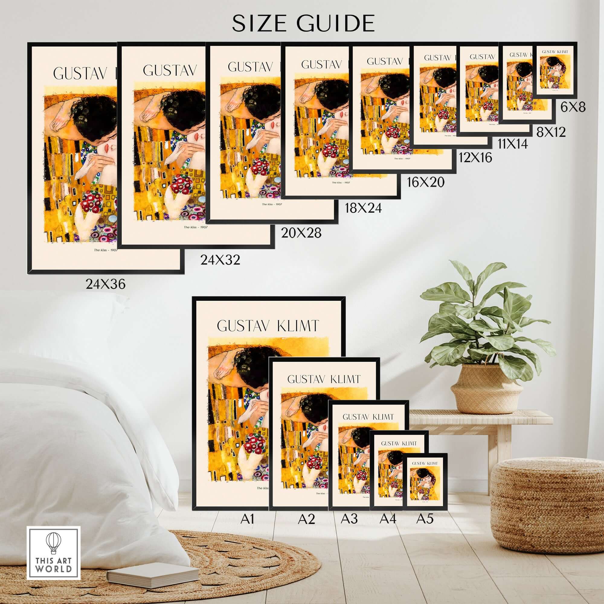Size guide for Gustav Klimt Art Print - The Kiss 1907 showcasing various frame sizes and dimensions.