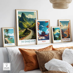 Vietnam Ha Giang Loop Curve Poster Mountain Peak Print Travel Landscape Wall Art Road displayed in a home setting.