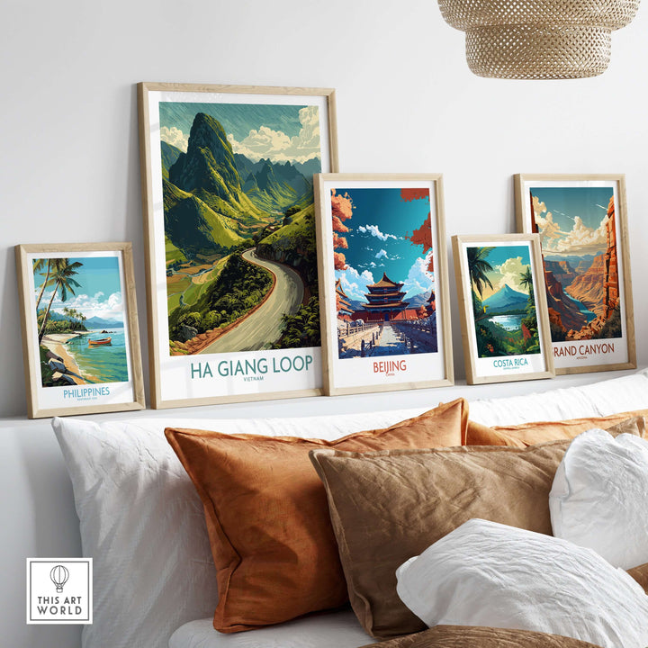 Collection of travel posters featuring Ha Giang Loop, Philippines, Beijing, Costa Rica, and Grand Canyon.
