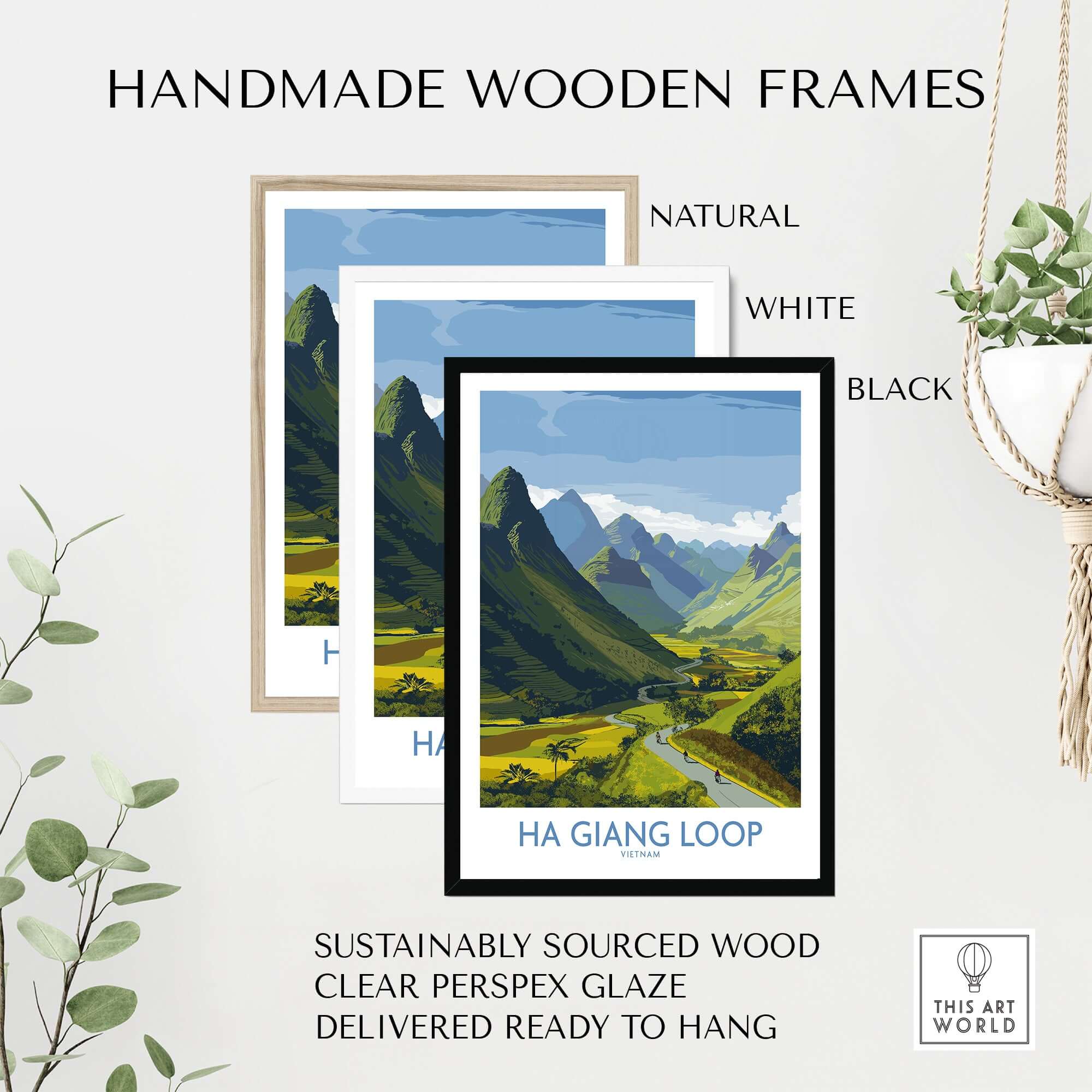 Handmade wooden frames for Vietnam Ha Giang Loop Landscape Poster Motorbike Valley Print River Travel Wall Art.