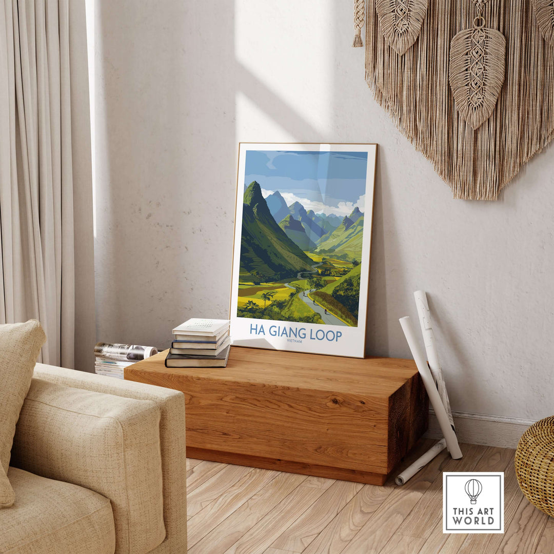 Ha Giang Loop landscape poster showcasing lush valleys and mountains in a stylish living room setting.