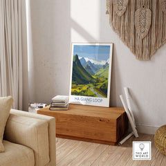 Vietnam Ha Giang Loop Landscape Poster Motorbike Valley Print River Travel Wall Art displayed in a cozy living room.