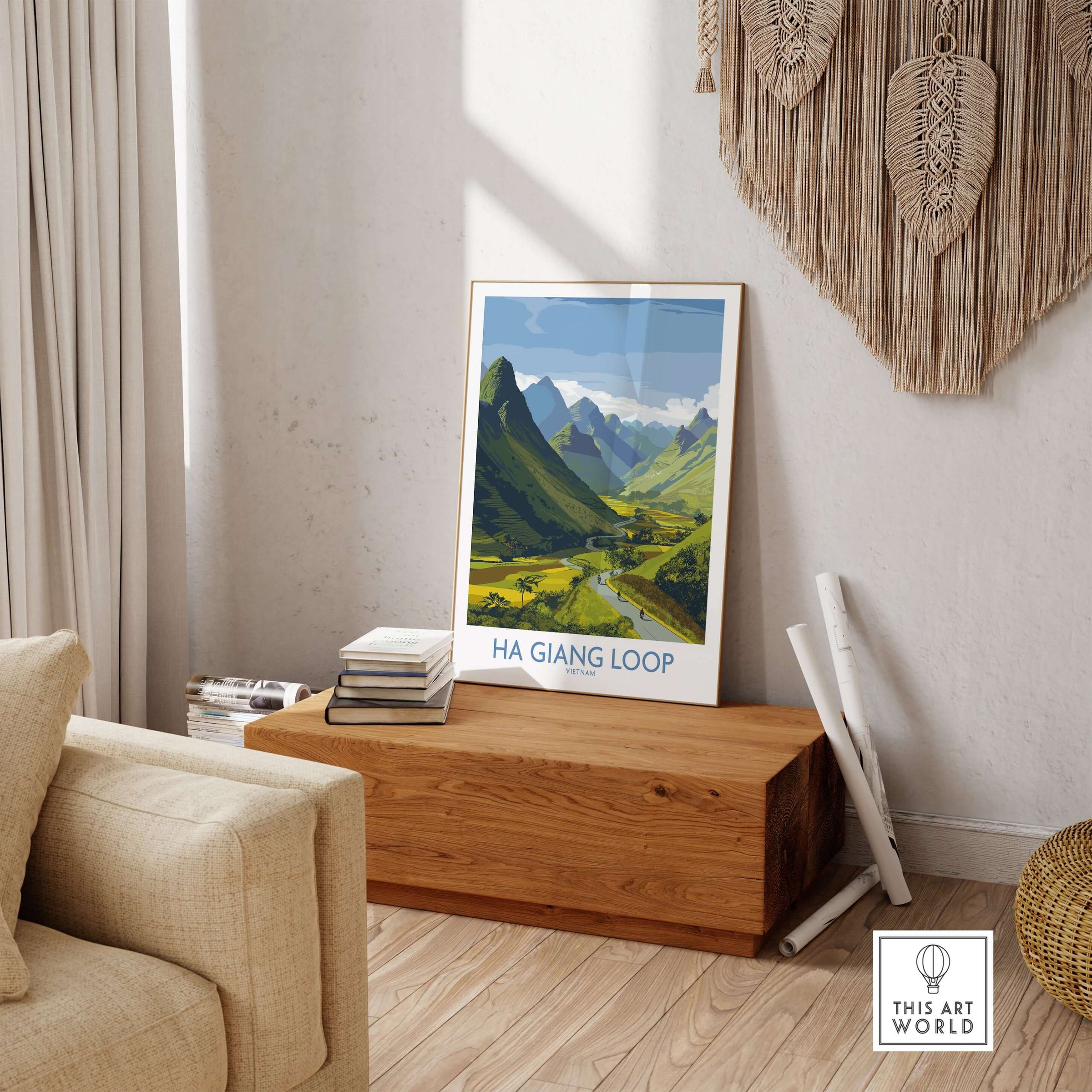 Vietnam Ha Giang Loop Landscape Poster Motorbike Valley Print River Travel Wall Art displayed in a cozy living room.