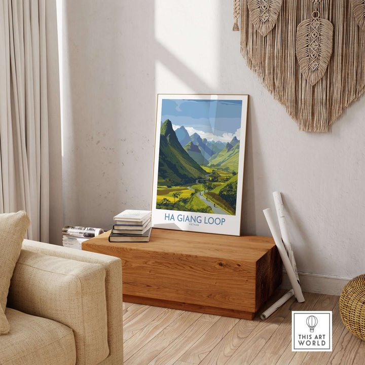 Ha Giang Loop landscape poster showcasing lush valleys and mountains in a stylish living room setting.