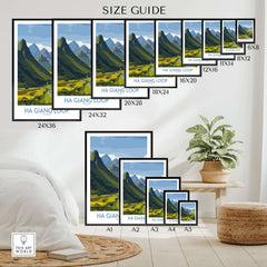 Vietnam Ha Giang Loop Landscape Poster Motorbike Valley Print River Travel Wall Art Size Guide showcasing different frame sizes.