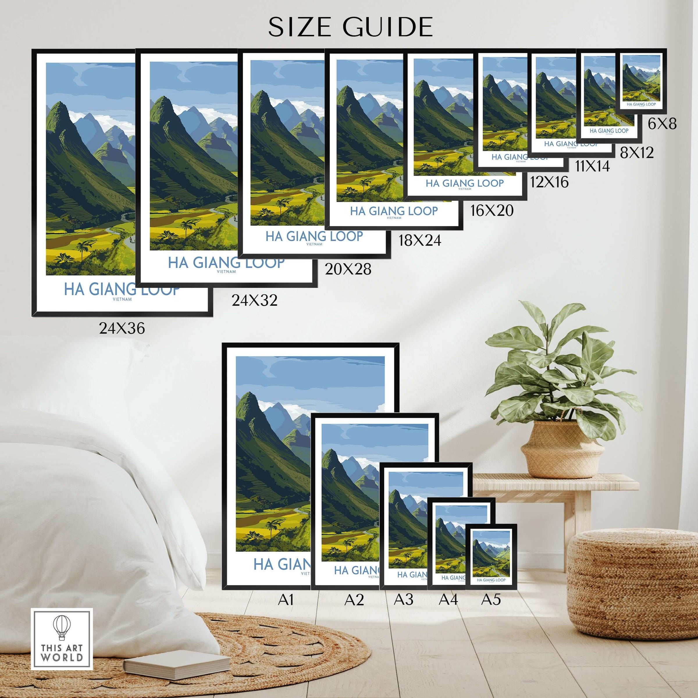 Vietnam Ha Giang Loop Landscape Poster Motorbike Valley Print River Travel Wall Art Size Guide showcasing different frame sizes.