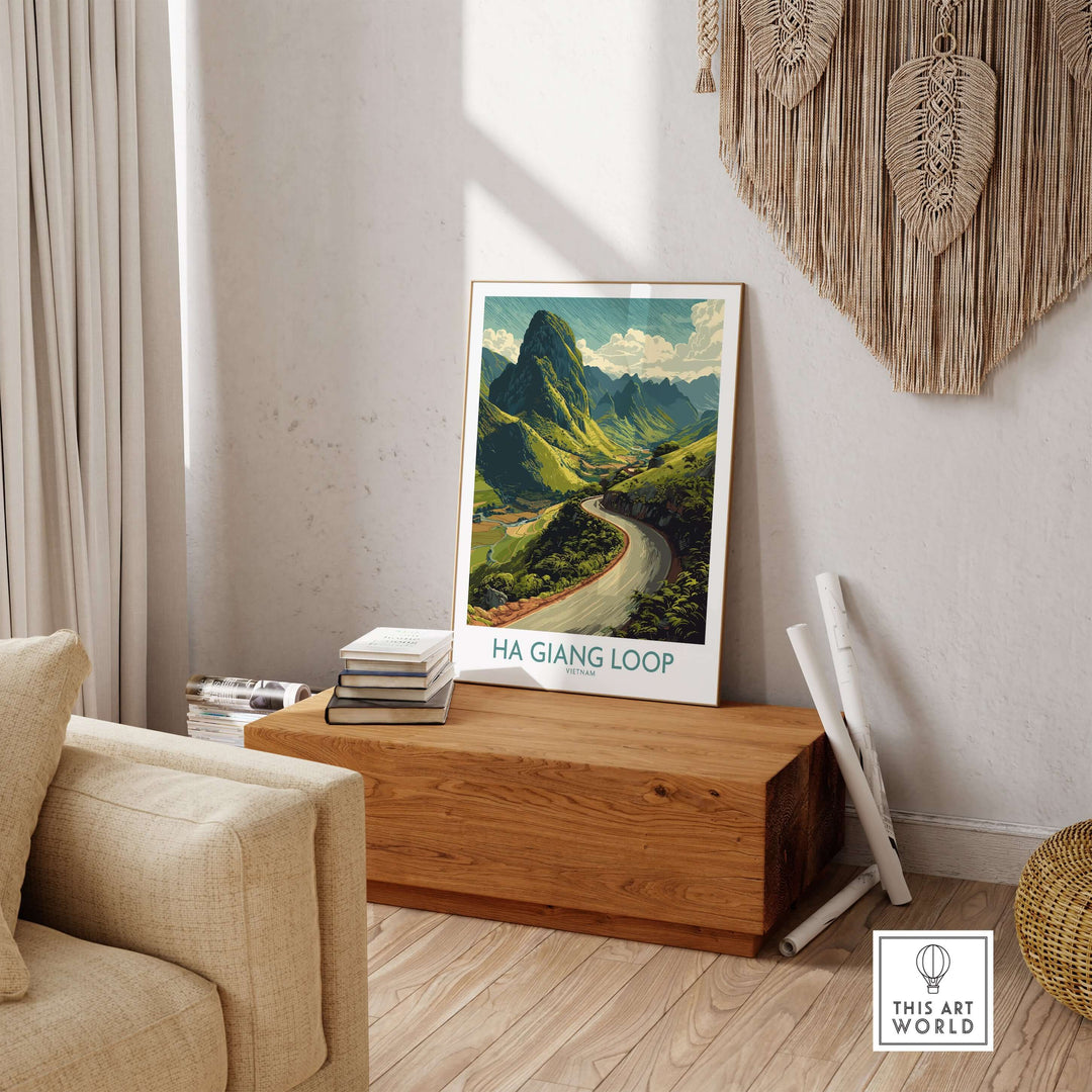 Ha Giang Loop poster depicting winding mountain road and lush landscape in Vietnam, ideal wall art for travel enthusiasts.