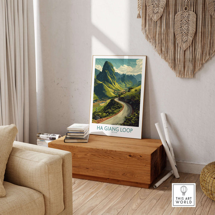 Ha Giang Loop poster depicting winding mountain road and lush landscape in Vietnam, ideal wall art for travel enthusiasts.