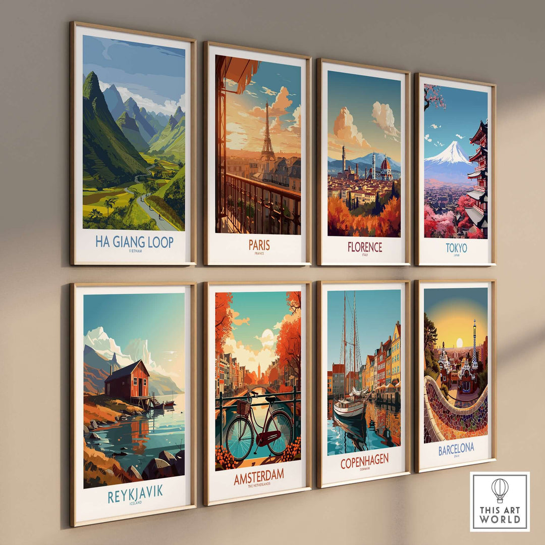 Gallery of travel posters featuring landscapes from Ha Giang Loop, Paris, Florence, Tokyo, Reykjavik, Amsterdam, Copenhagen, and Barcelona.