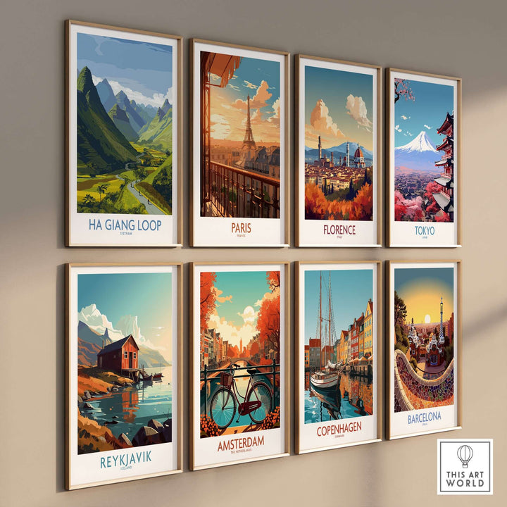 Gallery of travel posters featuring landscapes from Ha Giang Loop, Paris, Florence, Tokyo, Reykjavik, Amsterdam, Copenhagen, and Barcelona.