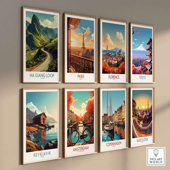 Vietnam Ha Giang Loop landscape poster among world city travel prints on wall
