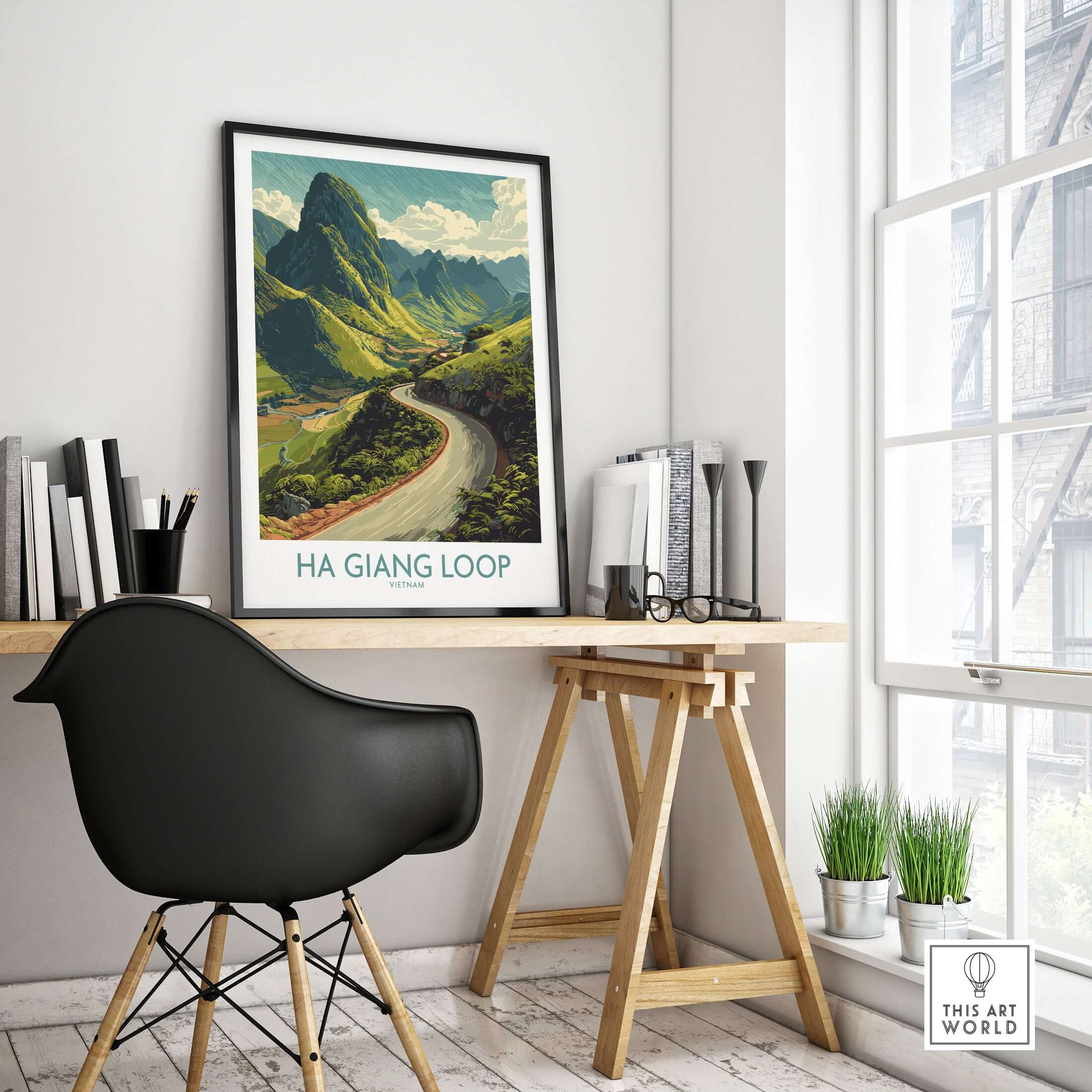 Vietnam Ha Giang Loop Curve Poster Mountain Peak Print Travel Landscape Wall Art Road displayed in a modern workspace.