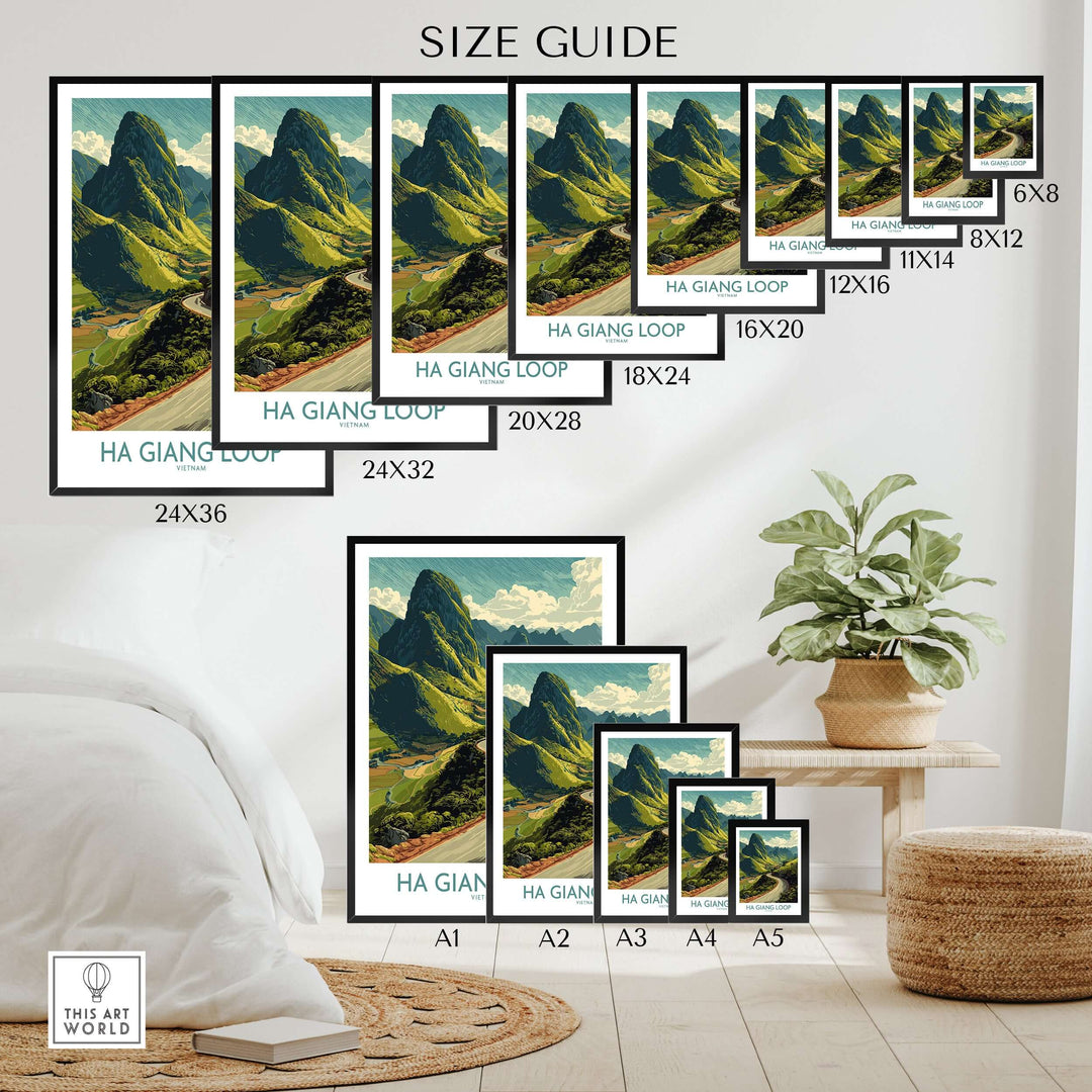 Size guide for Vietnam Ha Giang Loop poster showcasing various frame sizes and mountain landscape art.