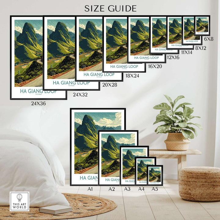Size guide for Vietnam Ha Giang Loop poster showcasing various frame sizes and mountain landscape art.