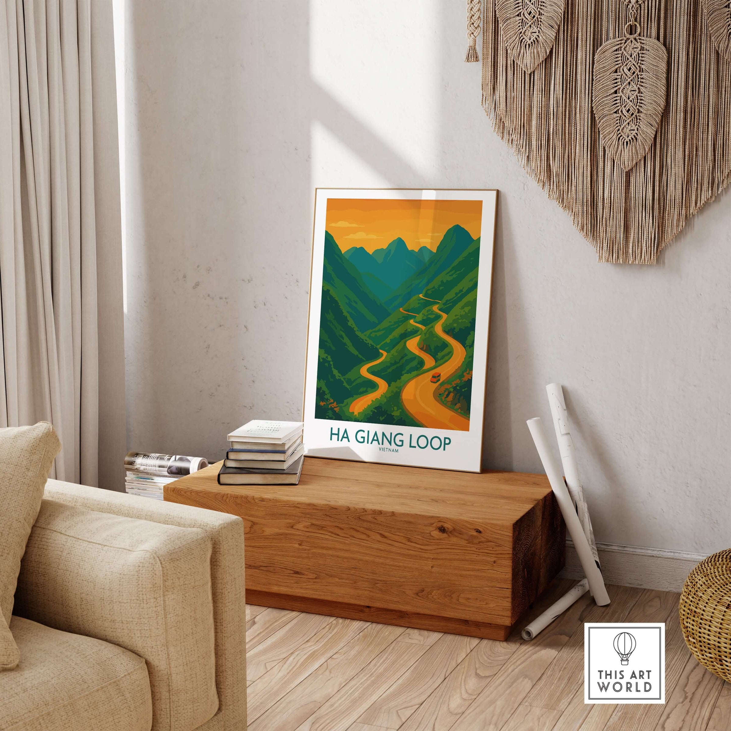 Vietnam Ha Giang Loop Poster Sunset Mountain Pass Print Travel Landscape Wall Art displayed in a cozy living room setting.