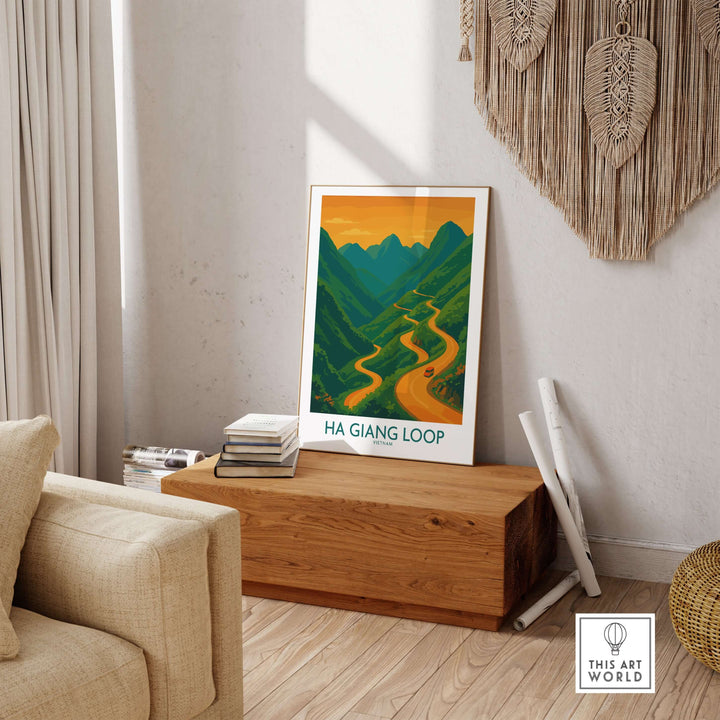 Vietnam Ha Giang Loop poster depicting sunset over winding mountain roads, perfect for travel-themed wall art.