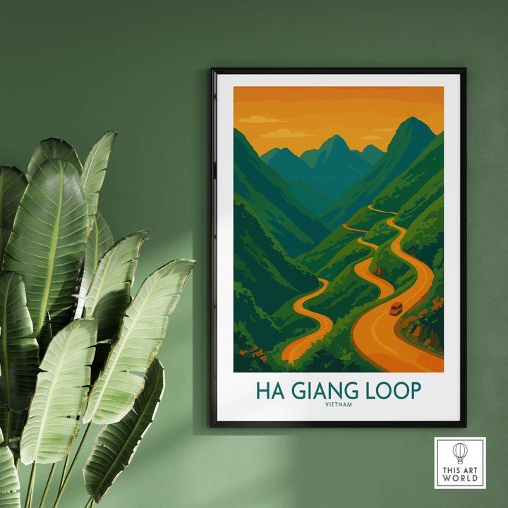 Ha Giang Loop poster showcasing a sunset mountain pass in Vietnam's scenic landscape, perfect for travel enthusiasts.