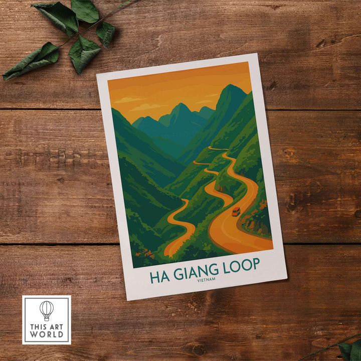 Vietnam Ha Giang Loop poster showcasing winding mountain roads at sunset, ideal for travel and landscape art enthusiasts.