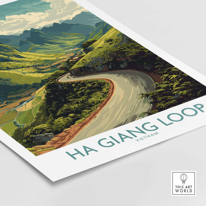 Ha Giang Loop travel poster showcasing winding road and mountain landscape in Vietnam's picturesque scenery.
