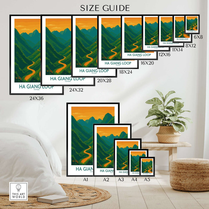 Size guide for Ha Giang Loop sunset mountain pass travel poster in various frame sizes.