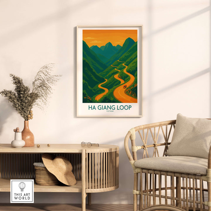 Ha Giang Loop sunset poster featuring winding mountain roads in green hills, perfect for travel enthusiasts wall art.