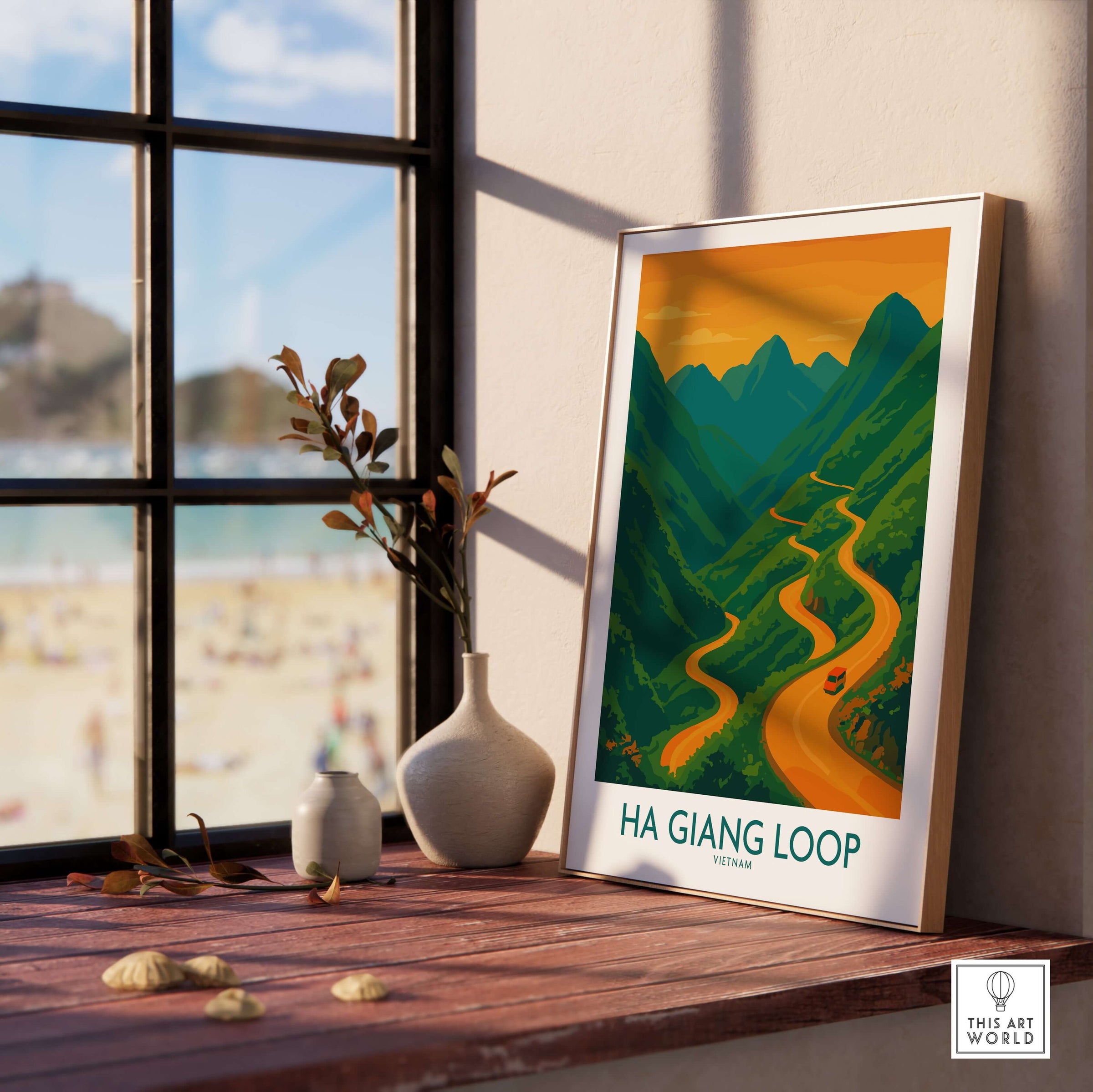 Vietnam Ha Giang Loop Poster Sunset Mountain Pass Print Travel Landscape Wall Art displayed in a cozy interior setting.