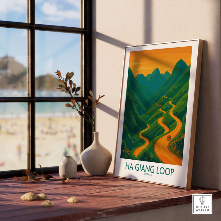 Ha Giang Loop travel poster showcasing a sunset mountain pass in Vietnam, perfect wall art for adventurers.
