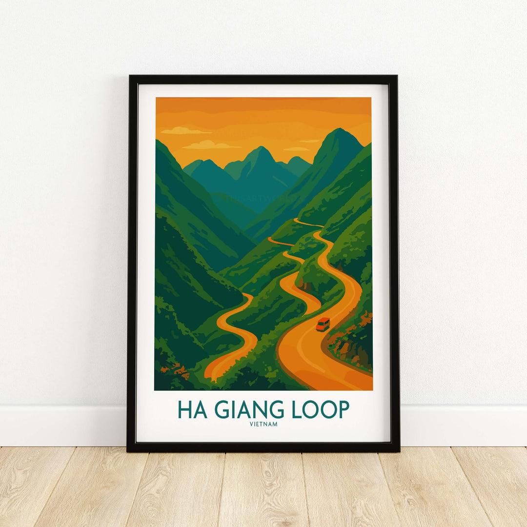 Ha Giang Loop sunset poster showcasing winding road and mountains for travel landscape wall art.