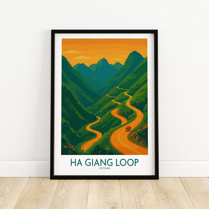 Ha Giang Loop sunset poster showcasing winding road and mountains for travel landscape wall art.