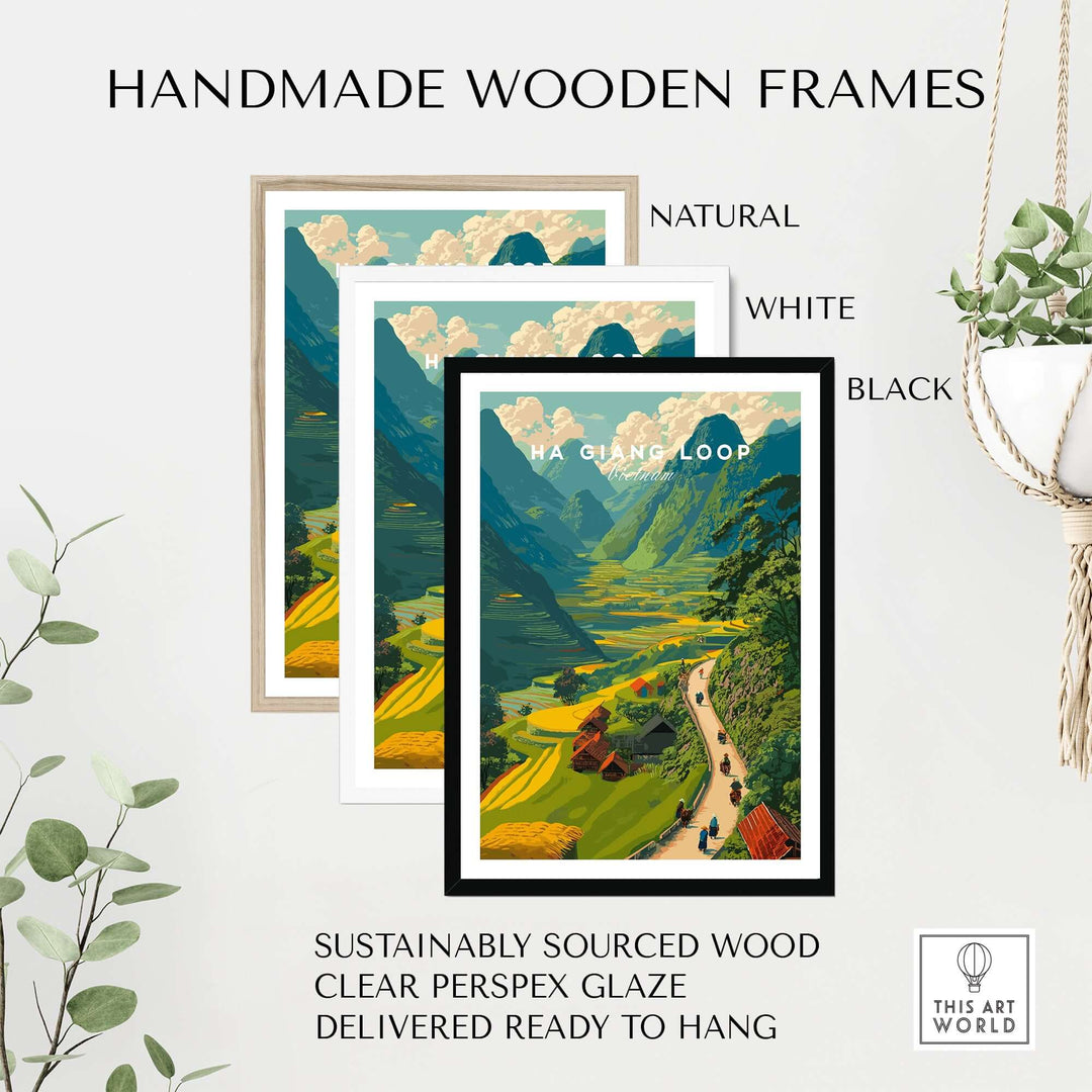 Handmade wooden frames in natural, white, and black for Ha Giang Loop travel print poster.