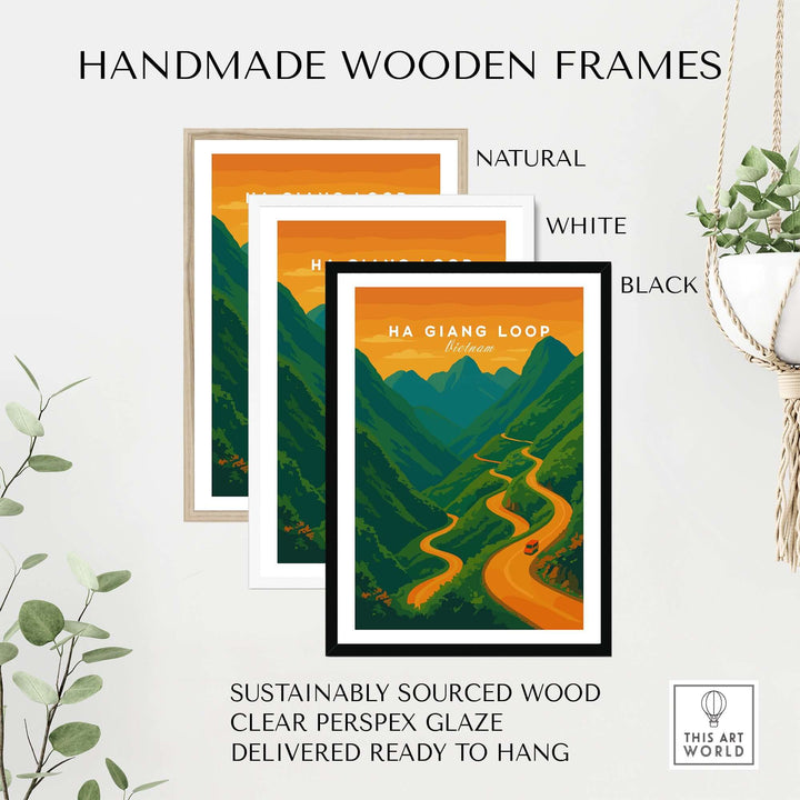 Handmade wooden frames in natural, white, and black finishes for Ha Giang Loop Vietnam travel print wall art.
