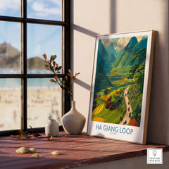 Vietnam Ha Giang Loop Village Poster Mountain Valley Print Motorbike Travel Wall Art displayed by a window.